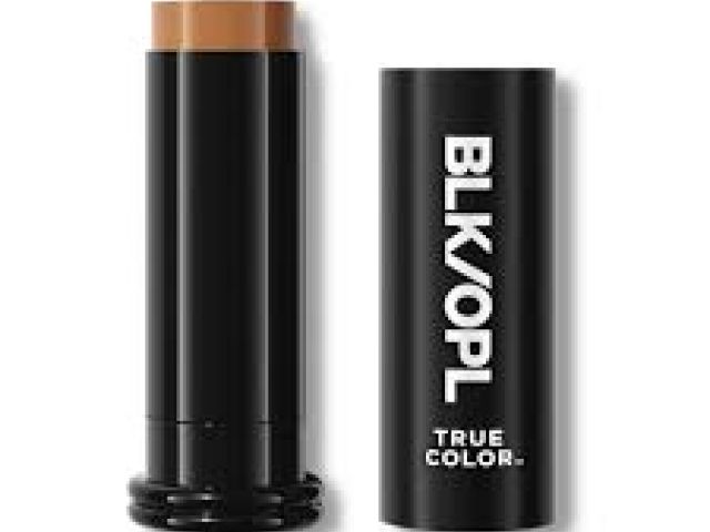 Black lipstick tube with "BLK/OPL TRUE COLOR" label, cap off revealing stick.