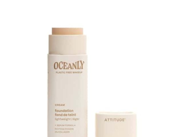 Light beige cream foundation in a cylindrical container, labeled "Oceanly" with a lid.