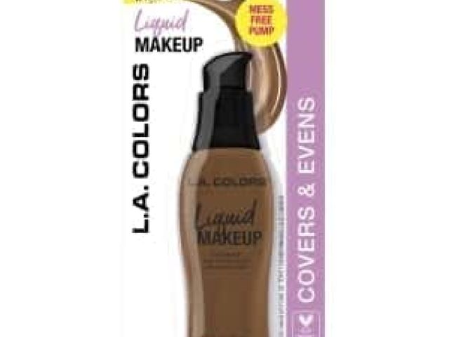 Brown liquid makeup bottle with a pump, labeled "L.A. Colors," in packaging.