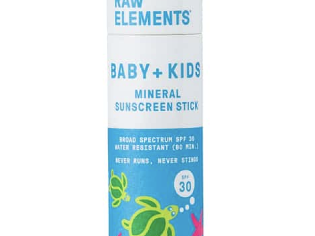 A blue and white sunscreen stick for babies and kids, featuring turtle and starfish designs.
