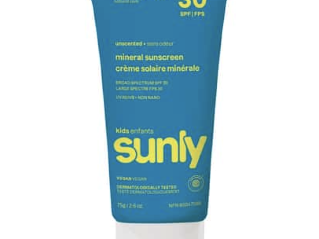Blue and white tube of mineral sunscreen for kids, labeled SPF 30. 