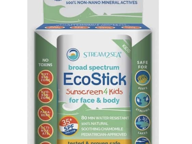 Broad spectrum sunscreen stick for kids, labeled EcoStick, with 35 SPF and water resistance.