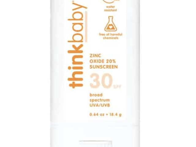 Sunscreen tube with orange and white design, labeled "thinkbaby," spf 30.hinkb