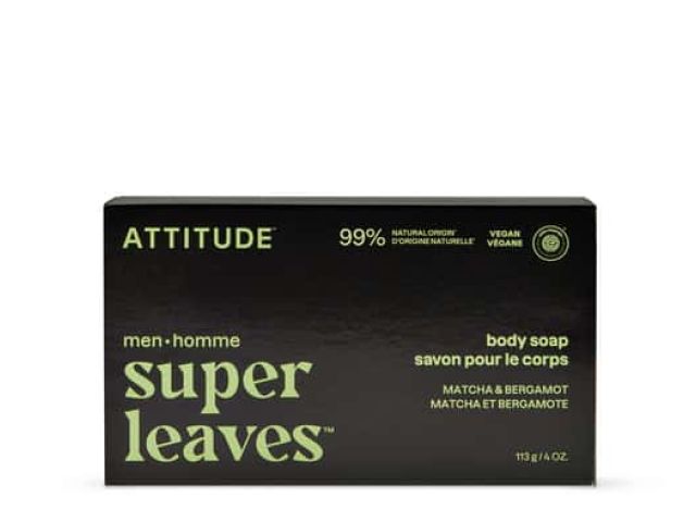 Black box of ATTITUDE body soap with "Super Leaves" branding, featuring matcha and bergamot scent.