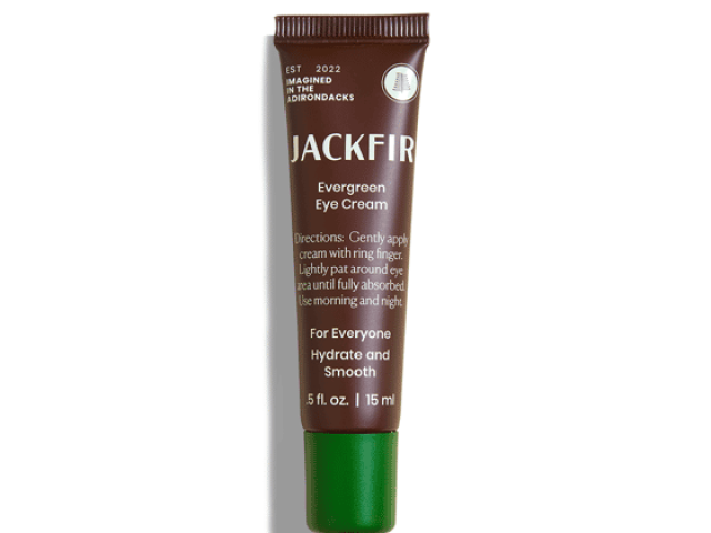 Brown tube of Jackfir Evergreen Eye Cream with green cap, 15 ml size, on a white background.