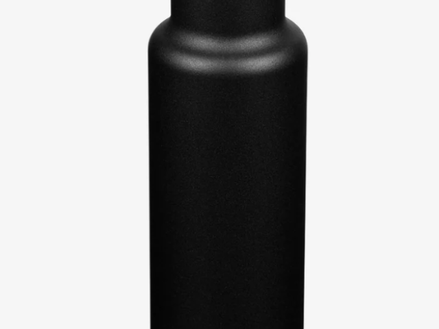 Black stainless steel water bottle with a metal handle and a silver base.