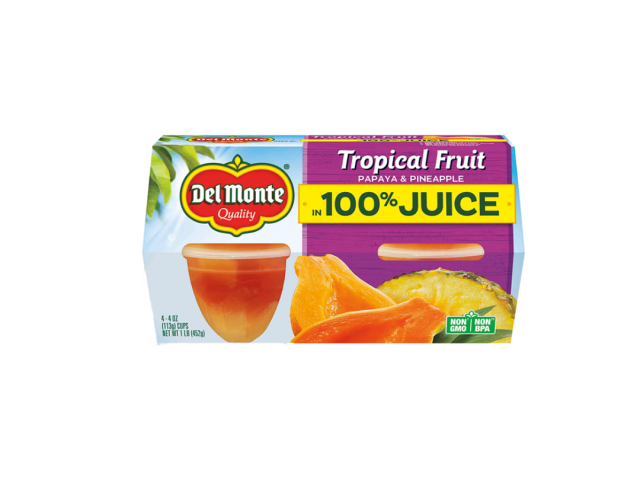 Del Monte Tropical Fruit package featuring papaya and pineapple in juice.