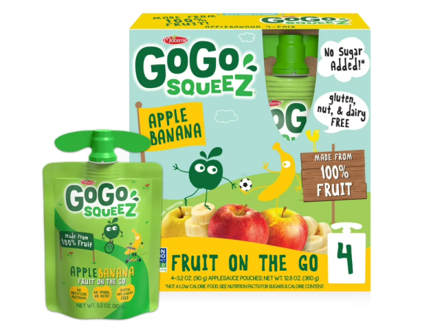 GoGo Squeez Apple Banana fruit pouch with packaging, featuring apples and green character.