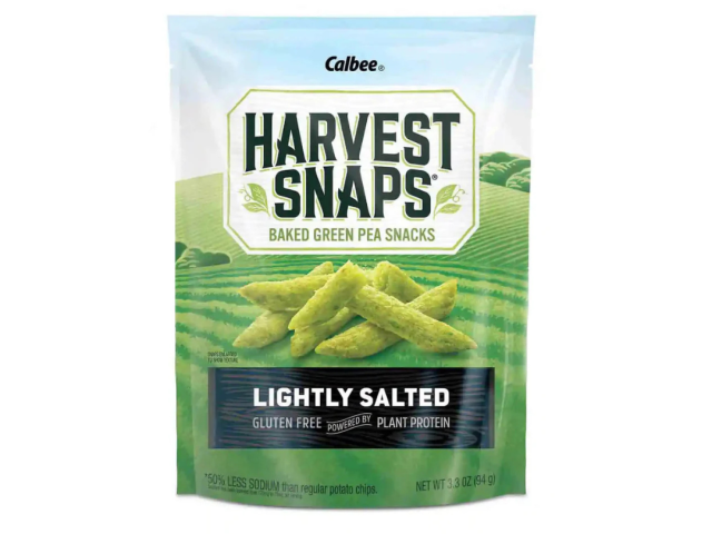 Packaged green pea snacks labeled "Harvest Snaps" in a blue and green design.