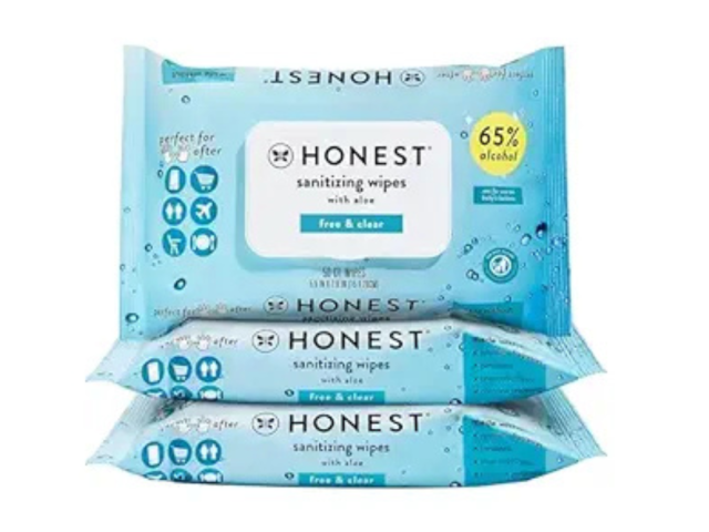 Three packs of Honest sanitizing wipes with aloe, featuring a light blue design.