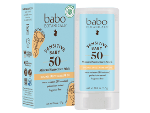 Babo Botanicals Sensitive Baby SPF 50 mineral sunscreen stick with packaging.