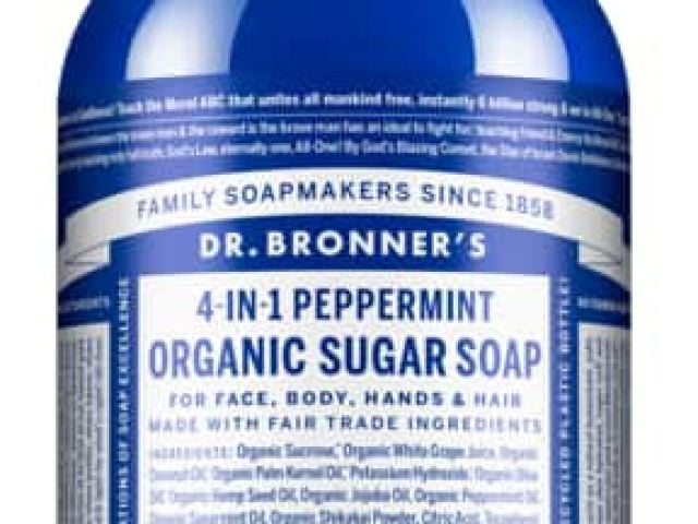 Blue pump bottle of Dr. Bronner's 4-in-1 peppermint organic sugar soap, with labels and ingredients.