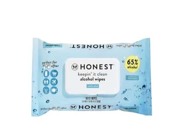Pack of Honest brand alcohol wipes, light blue packaging with 65% alcohol label.