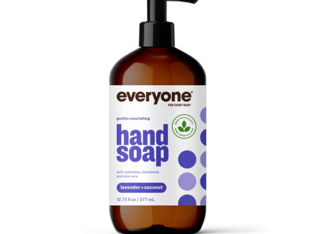 Brown bottle of Everyone hand soap with lavender and coconut scent, pump dispenser on top.