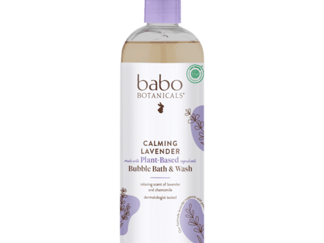 Bottle of Babo Botanicals calming lavender bubble bath and wash, with a purple cap and floral design.