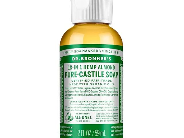 Green and yellow bottle of Dr. Bronner's 18-in-1 Hemp Almond Pure-Castile Soap.