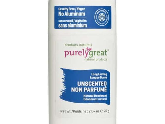 Natural deodorant stick labeled "Purelygreat," unscented, cruelty-free, and aluminum-free.