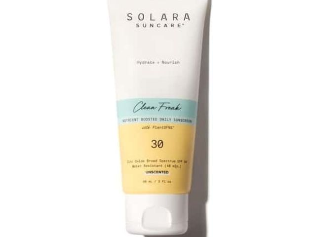 A tube of Solara Suncare Clear Fresh sunscreen, labeled SPF 30, with a blue and yellow design.
