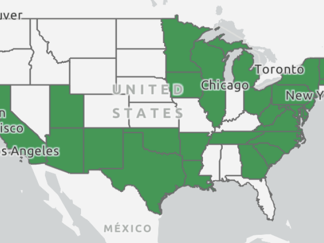 Map of the United States with states highlighted in green.