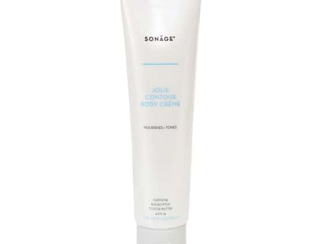 White tube of Sonäge body cream with blue text, cap at the bottom.