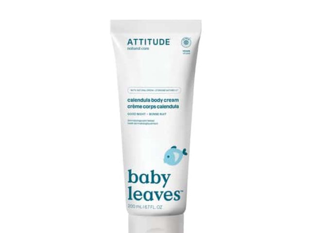 White tube of Attitude baby leaves calendula body cream with blue accents and logo.