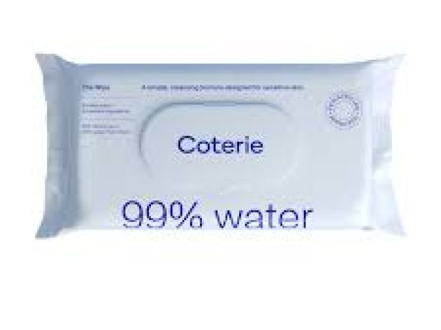 White package of Coterie wipes labeled "99% water."