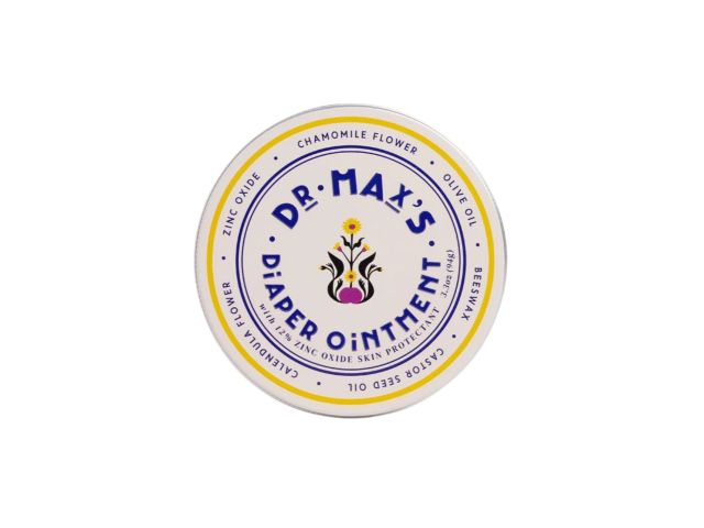 Round container of Dr. Max's diaper ointment, featuring a floral design and product information.