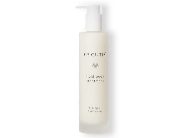 Clear bottle of Epicutis lipid body treatment with a pump, labeled for firming and tightening.