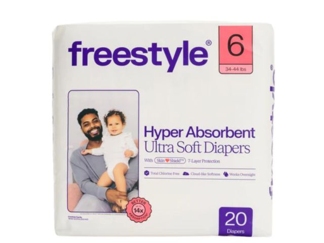 Pack of Freestyle size 6 diapers, featuring a father holding a baby on the front.