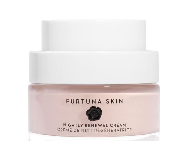 Light pink jar of Furtuna Skin Nightly Renewal Cream with a white lid.