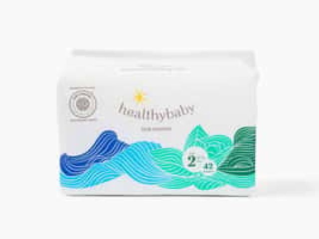 White diaper box with colorful wave designs and "healthybaby" logo.