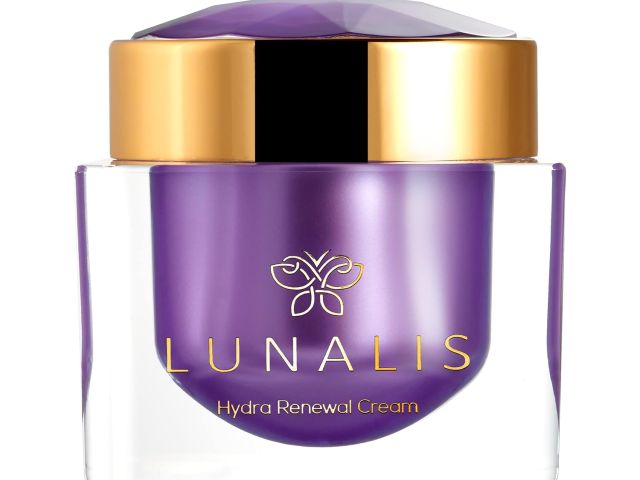 Purple jar of Lunalís Hydra Renewal Cream with a gold lid and branding.