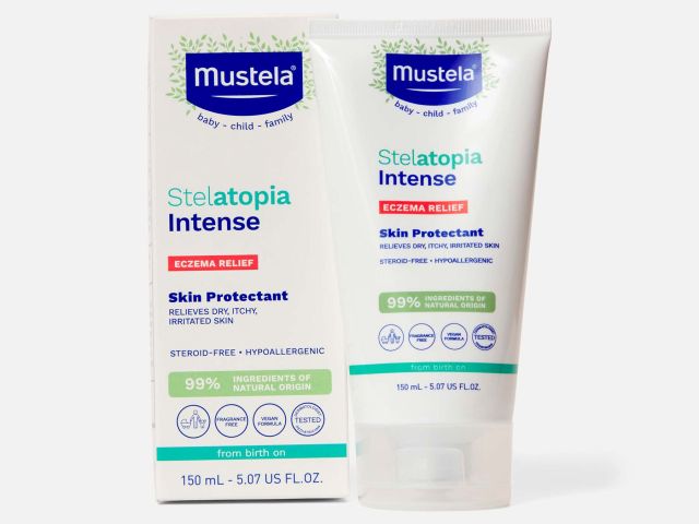 Tube and box of Mustela Stelatopia Intense skin protectant for eczema relief.