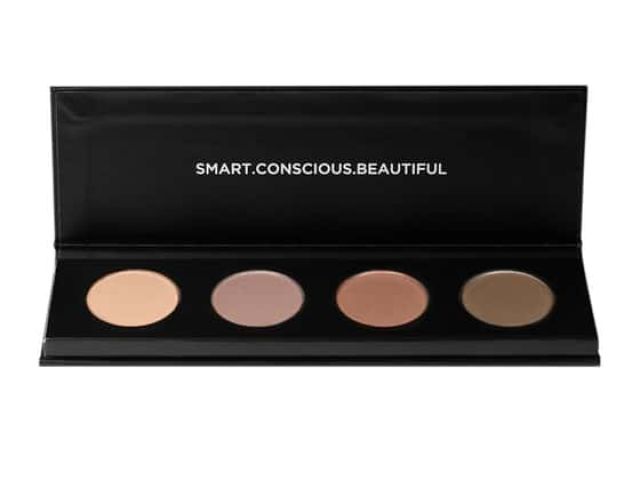 Makeup palette with four neutral shades in a sleek black case.