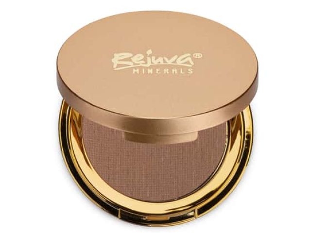 Gold compact with the Rejuva Minerals logo and a light brown powder inside.