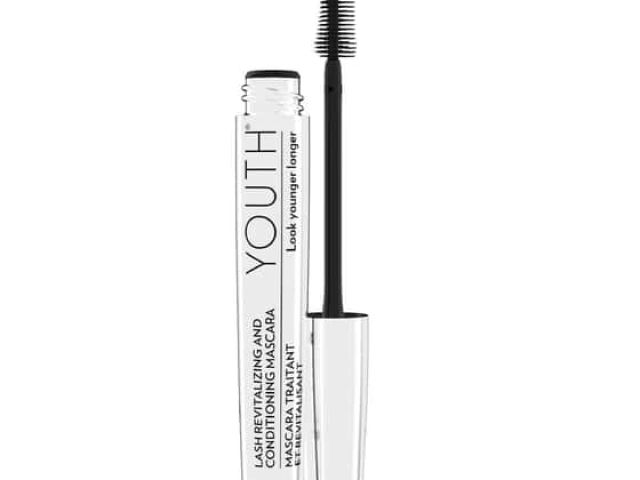 Black mascara tube with a silver cap and a brush applicator, labeled "YOUTH."