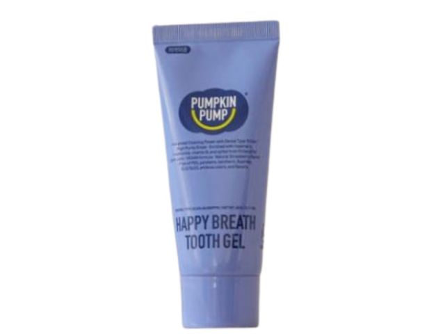 Lavender tube of "Happy Breath Tooth Gel" from Pumpkin Pump with logo and product details.