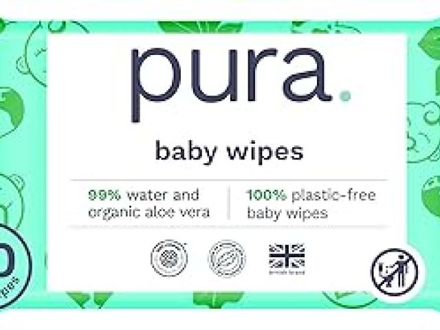 Green packaging for Pura baby wipes featuring illustrations of leaves and bears.
