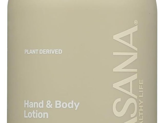 Light beige bottle of fragrance-free hand and body lotion with a pump top.