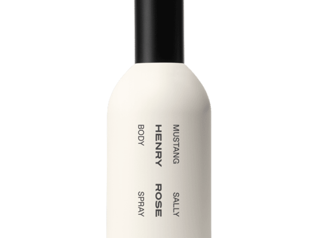 A sleek, white bottle of body spray with a black cap and minimalist text design.