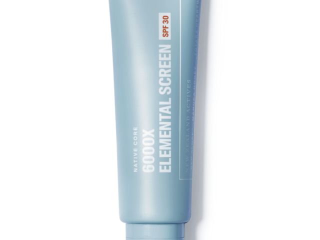 Light blue tube of sunscreen with red text, labeled "Elemental Screen SPF 30."