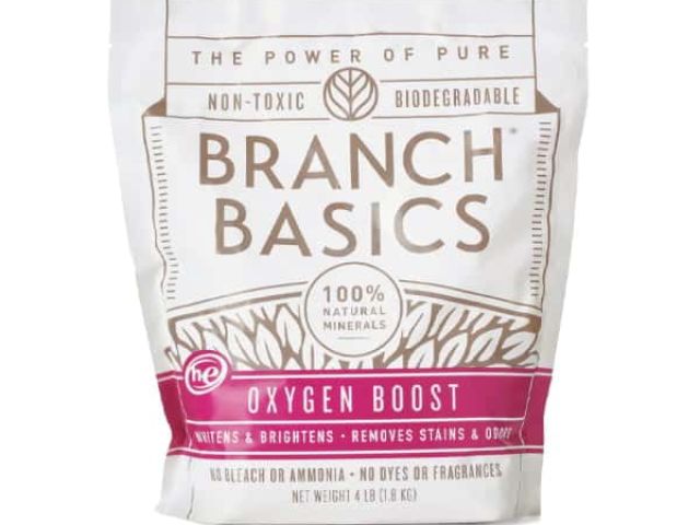 White package of Branch Basics Oxygen Boost, labeled as non-toxic and biodegradable.