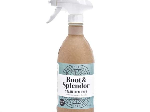 Brown spray bottle labeled "Root & Splendor Stain Remover" with a white trigger spray.