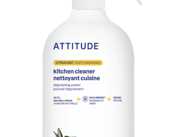 White spray bottle labeled "ATTITUDE" with a hummingbird design and "kitchen cleaner" text.