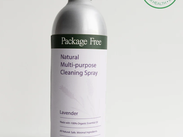 Silver spray bottle labeled "Natural Multi-purpose Cleaning Spray" in lavender scent.