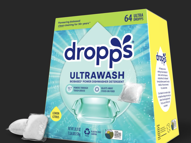 Box of Dropps UltraWash dishwasher detergent pods, lemon citrus scent, with 64 capsules illustrated.