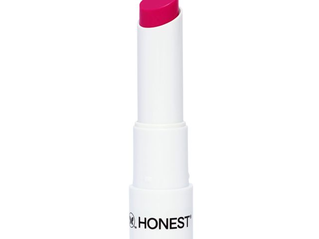 Bright pink lipstick in a white tube, labeled "HONEST."