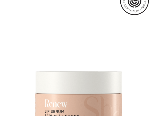 Pale pink lip serum container with a white lid, labeled "Renew."