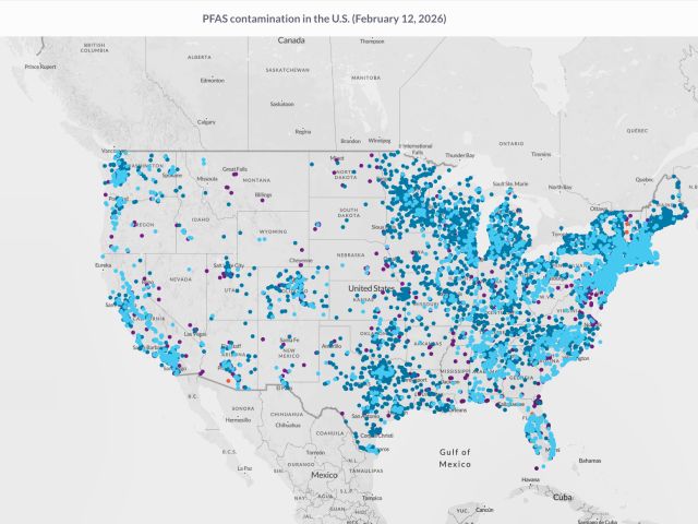 Map graphic of U.S. showing confirmed detections of the forever chemicals known as PFAS in drinking water. 
