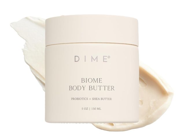 Product photo: DIME Biome Body Butter jar with beige cream smear